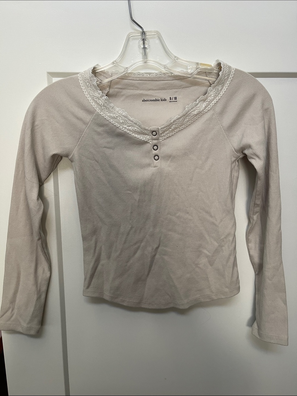 abercrombie kids beige long sleeve lace-trim henley top